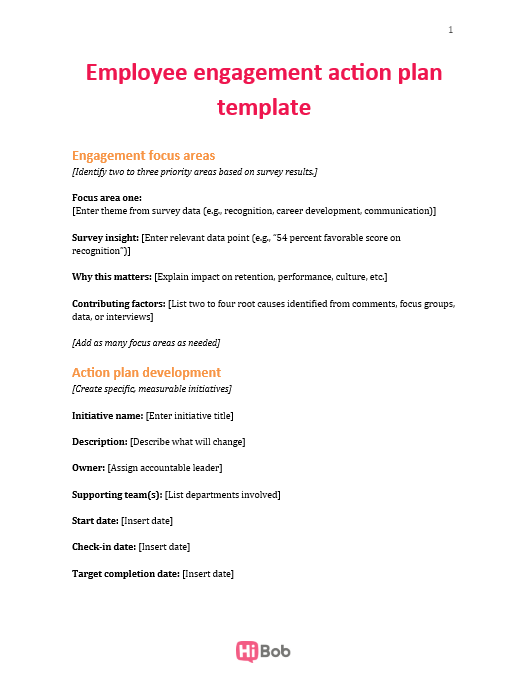Document titled “Employee engagement action plan template” showing sections for focus areas, survey insights, and action plan development.