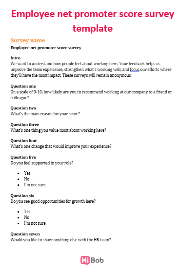 imagery of an employee net promoter survey template
