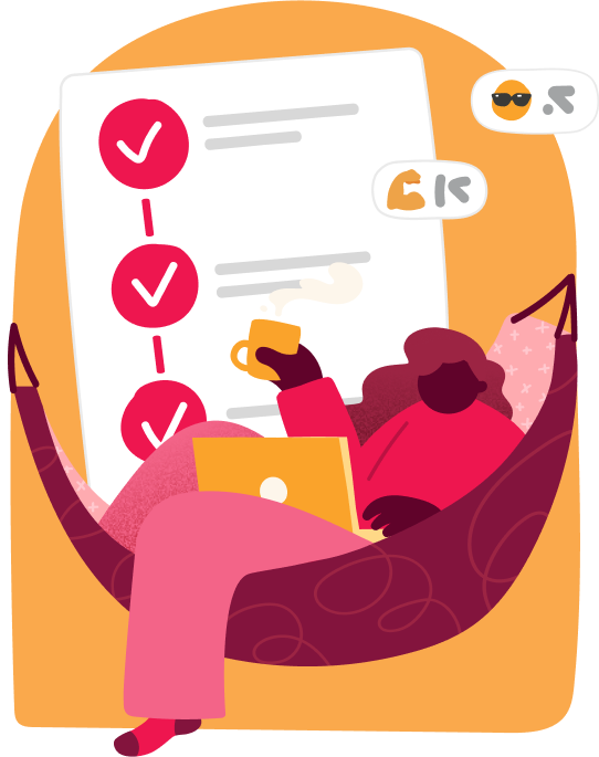 person relaxing in a hammock with a laptop and coffee, checklist in background symbolizing productivity, hammock, checklist