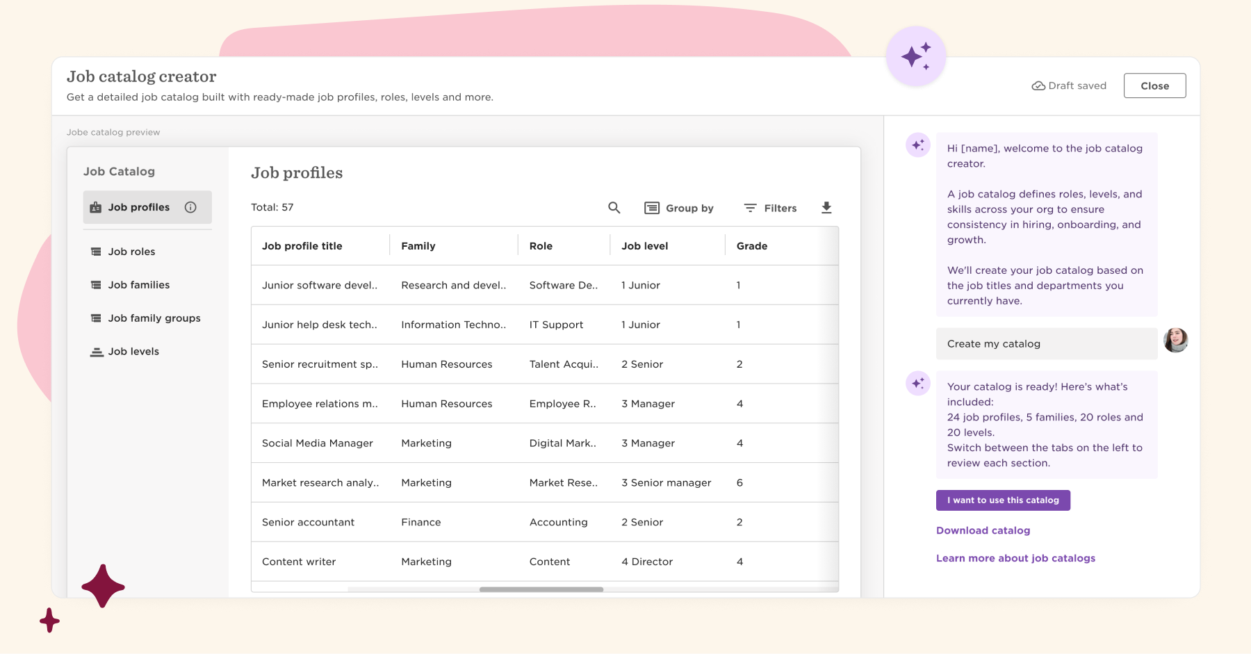 job catalog creator interface with job profiles table, showcasing roles and levels for various positions, job profiles, roles, levels, job titles