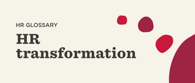 HR glossary title featuring "HR transformation" in bold text, with decorative red shapes on a light background. , HR, transformation