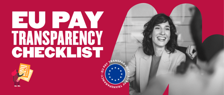 EU Pay Transparency Checklist with smiling woman, checklist graphics, and EU emblem on a vibrant red background. , EU, transparency