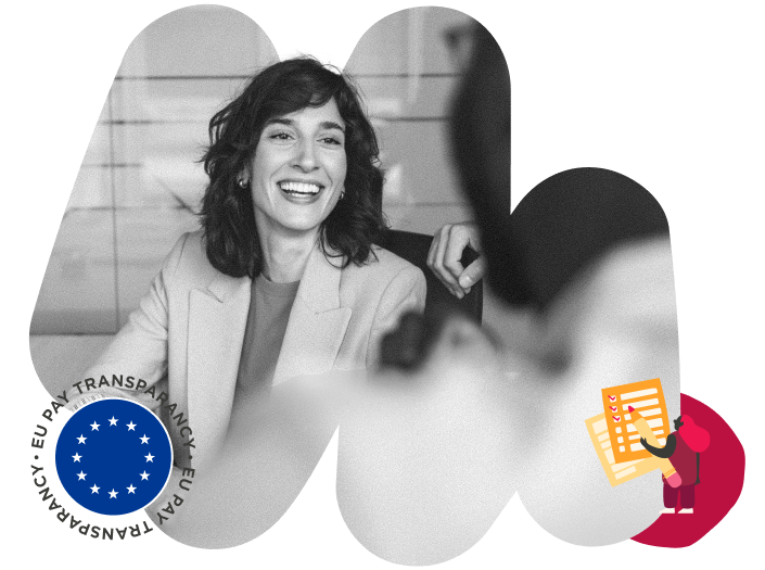 smiling woman in business attire with EU flag logo and document symbols, professional atmosphere with focus on transparency