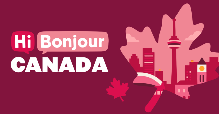 Hi, Bonjour, Canada, maple leaf, Toronto skyline, graphic design