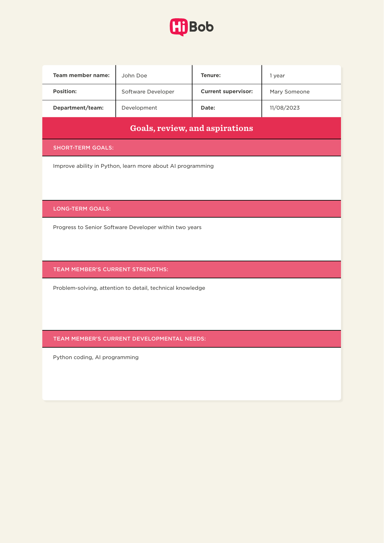 filled-out HiBob employee development plan goals form for John Doe, a Software Developer in the Development department with 1 year tenure, supervised by Mary Someone, dated 11/08/2023. 