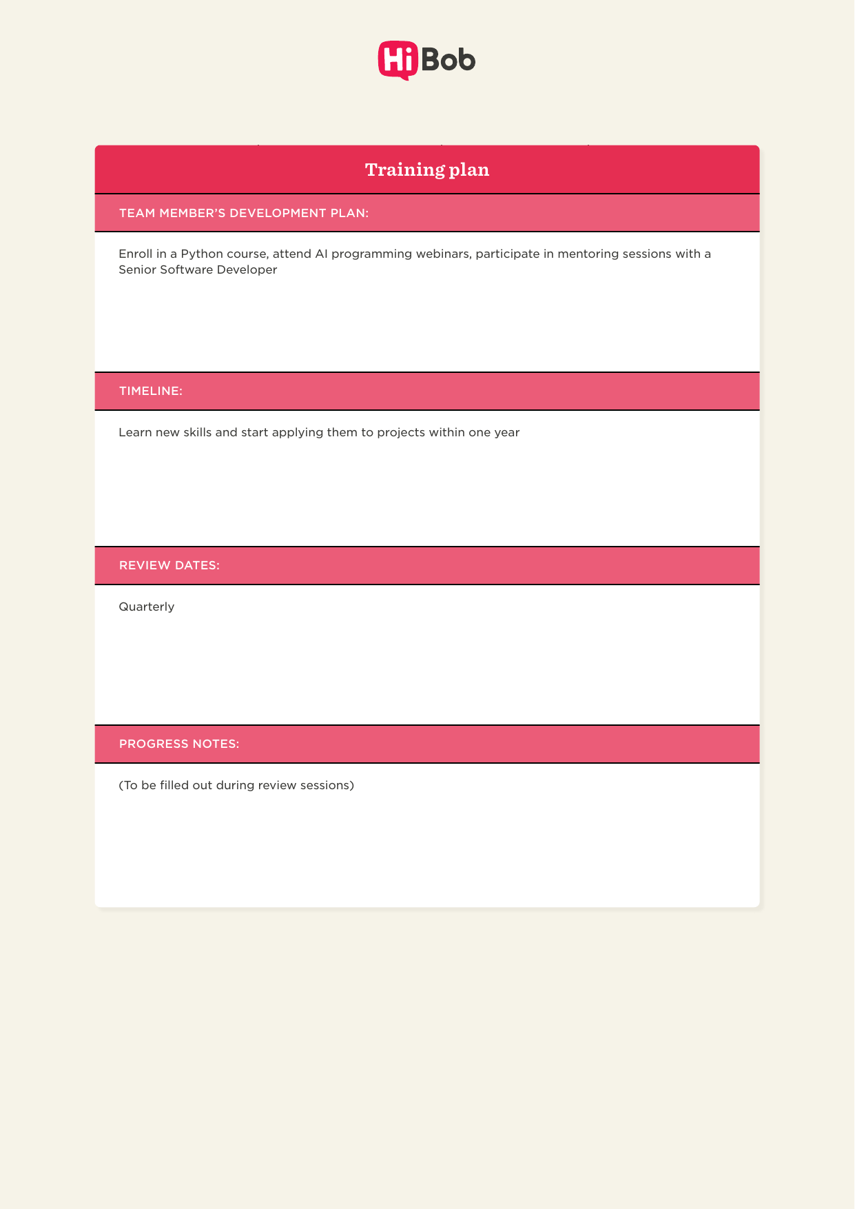 A HiBob Training Plan form. The team member's development plan reads: enroll in a Python course, attend AI programming webinars, participate in mentoring sessions with a Senior Software Developer. 
