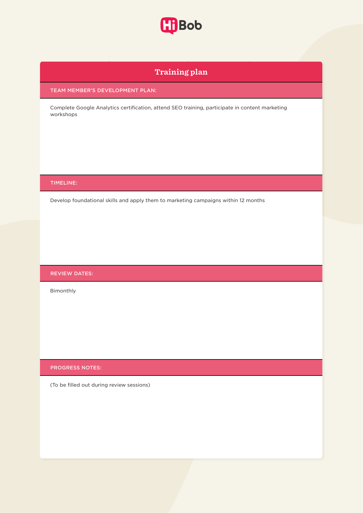 The team member's development plan reads: complete Google Analytics certification, attend SEO training, participate in content marketing workshops. 