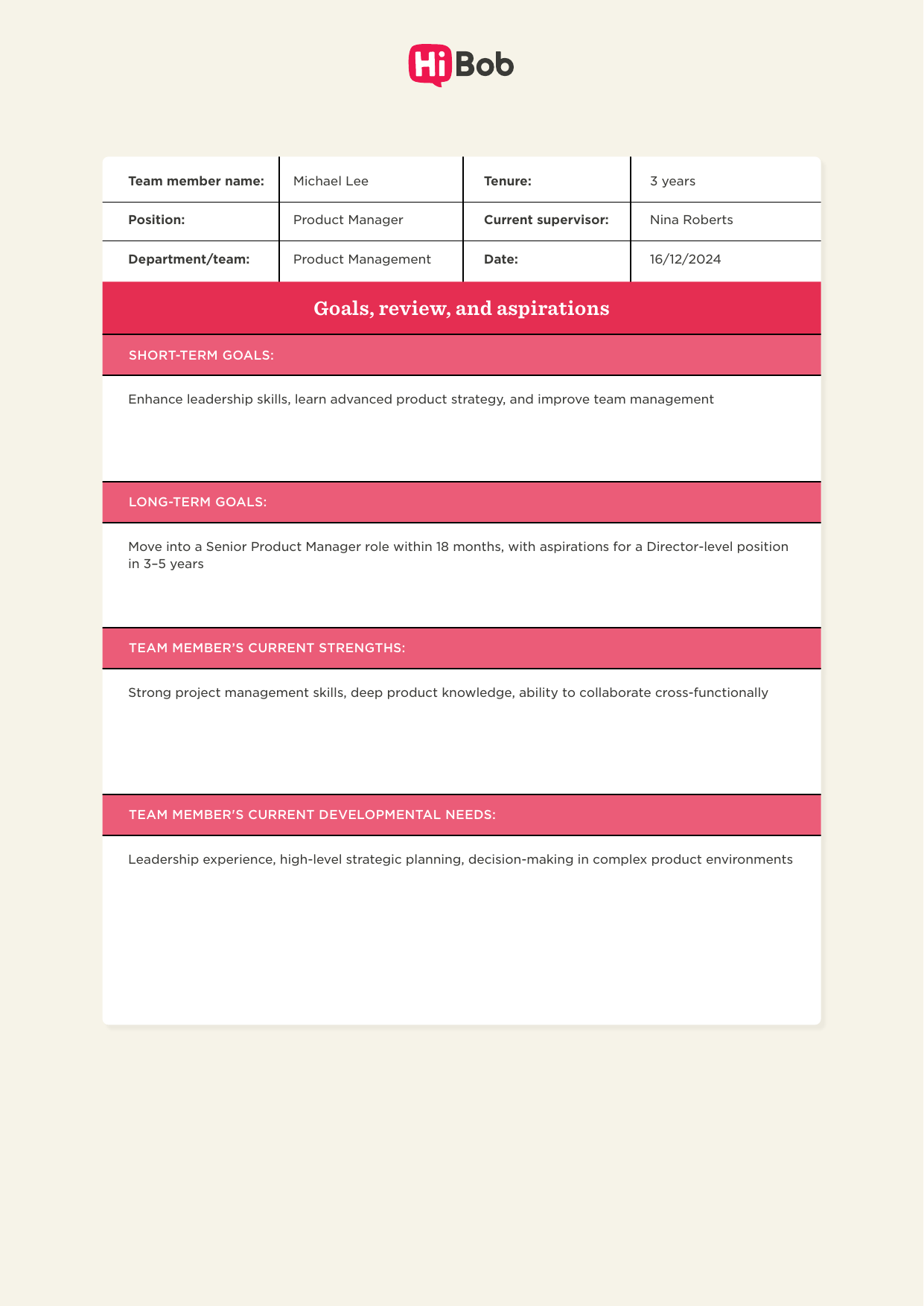 A filled-out HiBob employee development plan goals form for Michael Lee, a Product Manager in the Product Management department with 3 years tenure, supervised by Nina Roberts