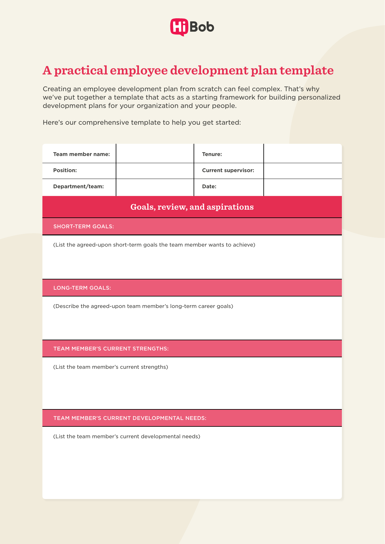 A HiBob employee development plan template with fields for team member name, position, department/team, tenure, current supervisor, and date. 