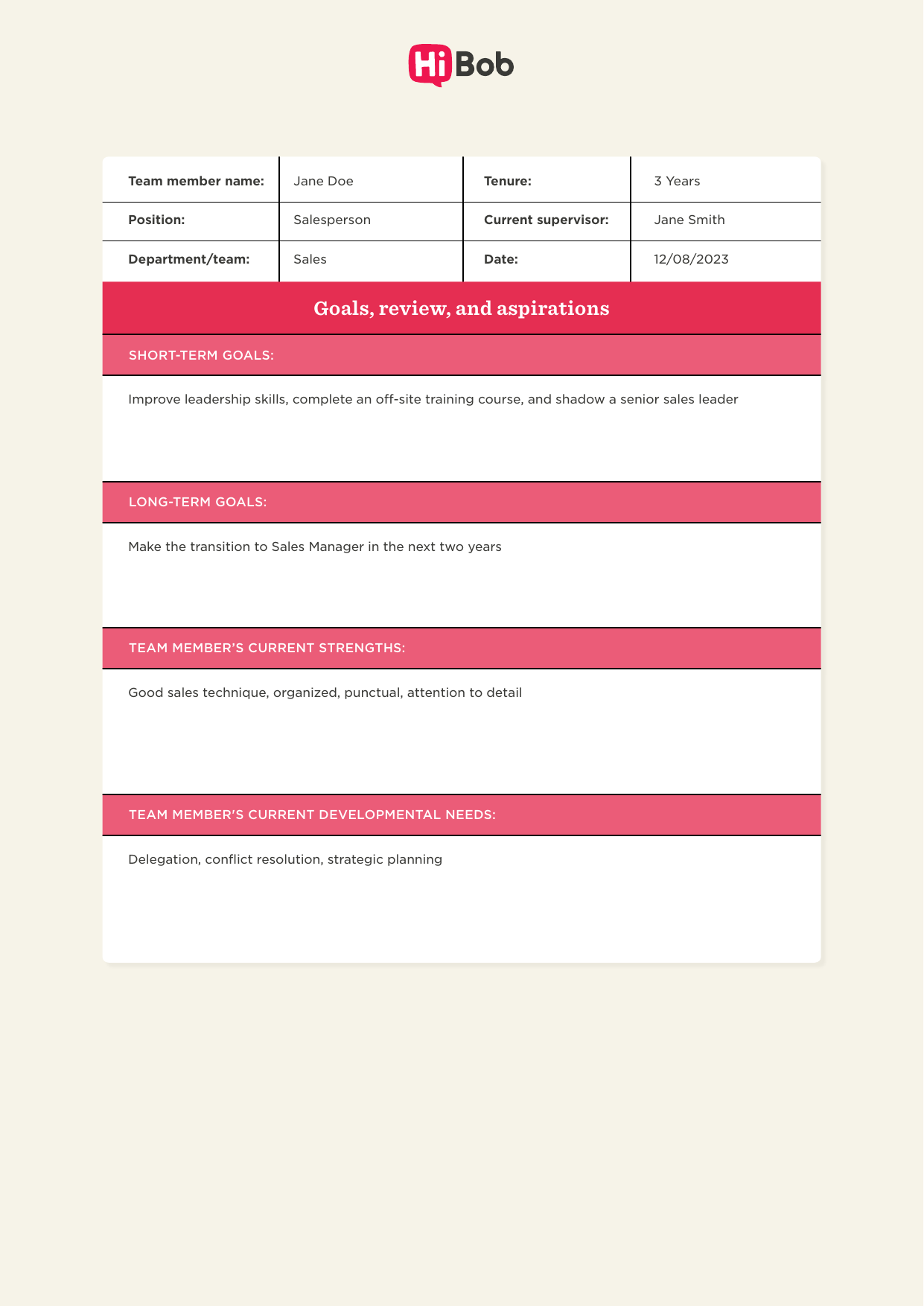 A filled-out HiBob employee development plan goals form for Jane Doe, a Salesperson in the Sales department with 3 years tenure, supervised by Jane Smith, dated 12/08/2023. 