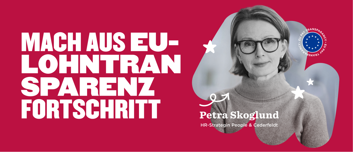 EU progress message featuring Petra Skoglund, HR strategist, on a vibrant red background with stars and icons. , PetraSkoglund, EUPayTransparency