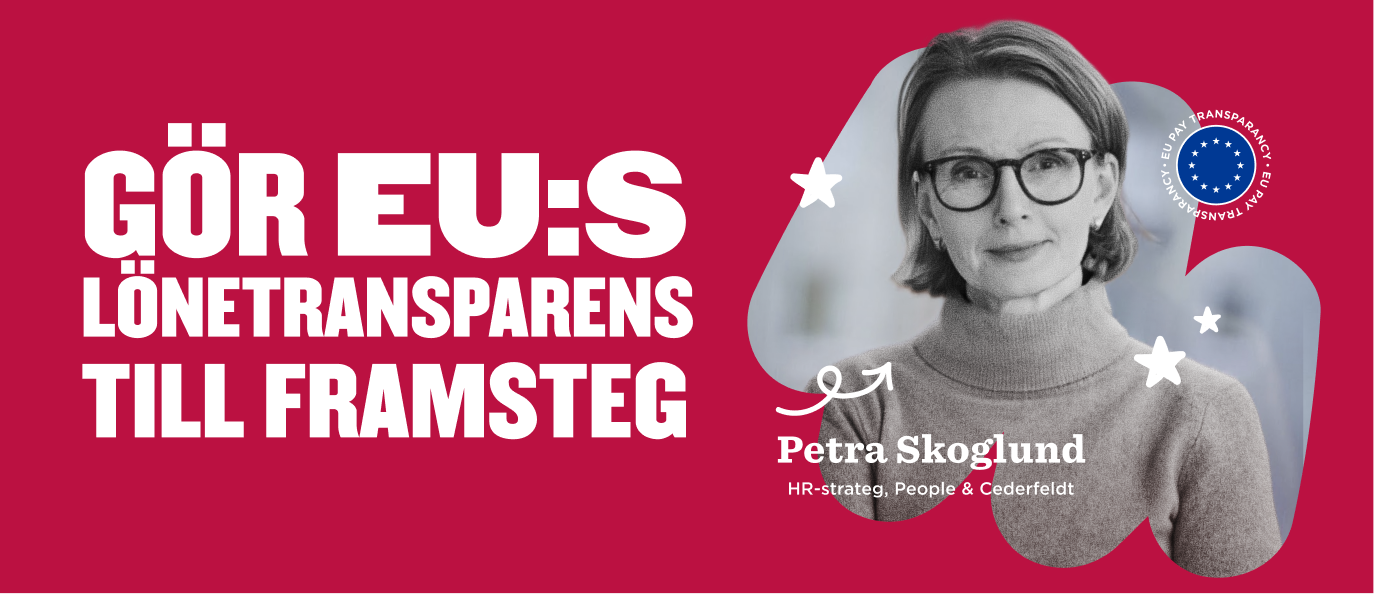 Gör EU:s lönetransparens till framsteg, med Petra Skoglund, HR-strateg, People & Cederfeldt. Röda bakgrundsdesign. lönetransparens, PetraSkoglund