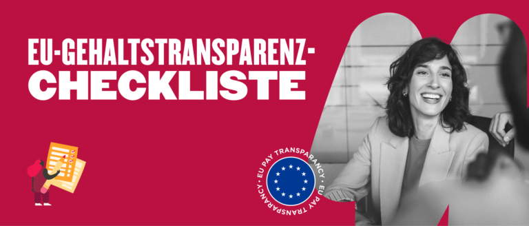 EU pay transparency checklist with a smiling woman in a professional setting and a checklist illustration. , EU-Pay-Transparency, Checklist