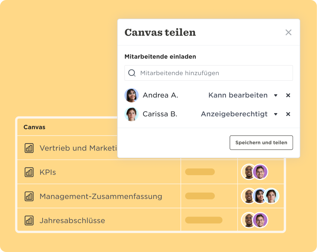 Canvas sharing interface with user permissions and collaboration options displayed on a light yellow background. canvas, sharing_interface