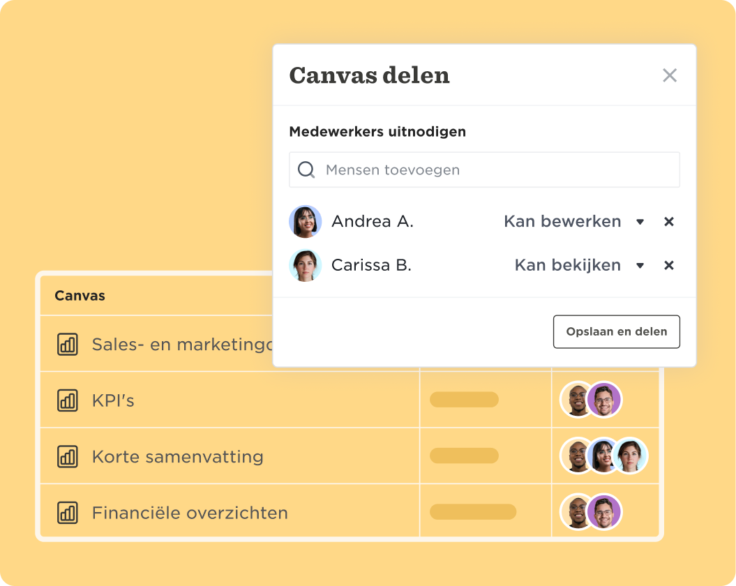 canvas delen, uitnodigen medewerkers met bewerkingsrechten en weergave-instellingen in een kleurrijke interface
