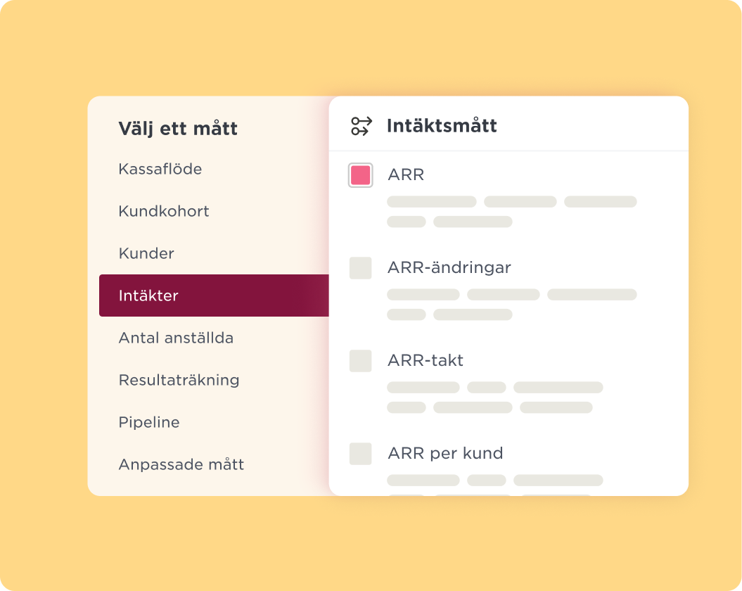Välj ett mått dropdown menu with Intäkter highlighted, showing ARR options on a soft yellow background. välj ett mått, Intäktsmått