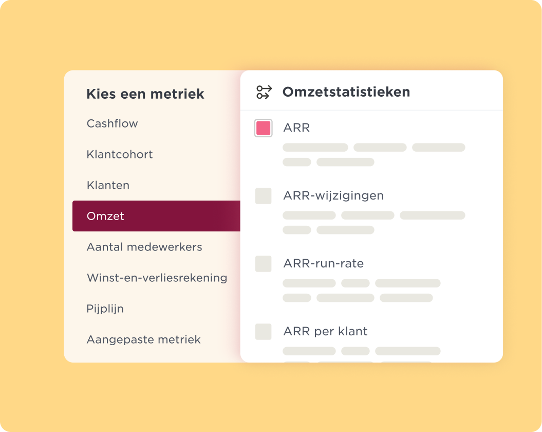 Kies een metriek menu met focus op omzet en ARR-statistieken, tegen een zachte gele achtergrond. Metrics interface display, metrics selection menu