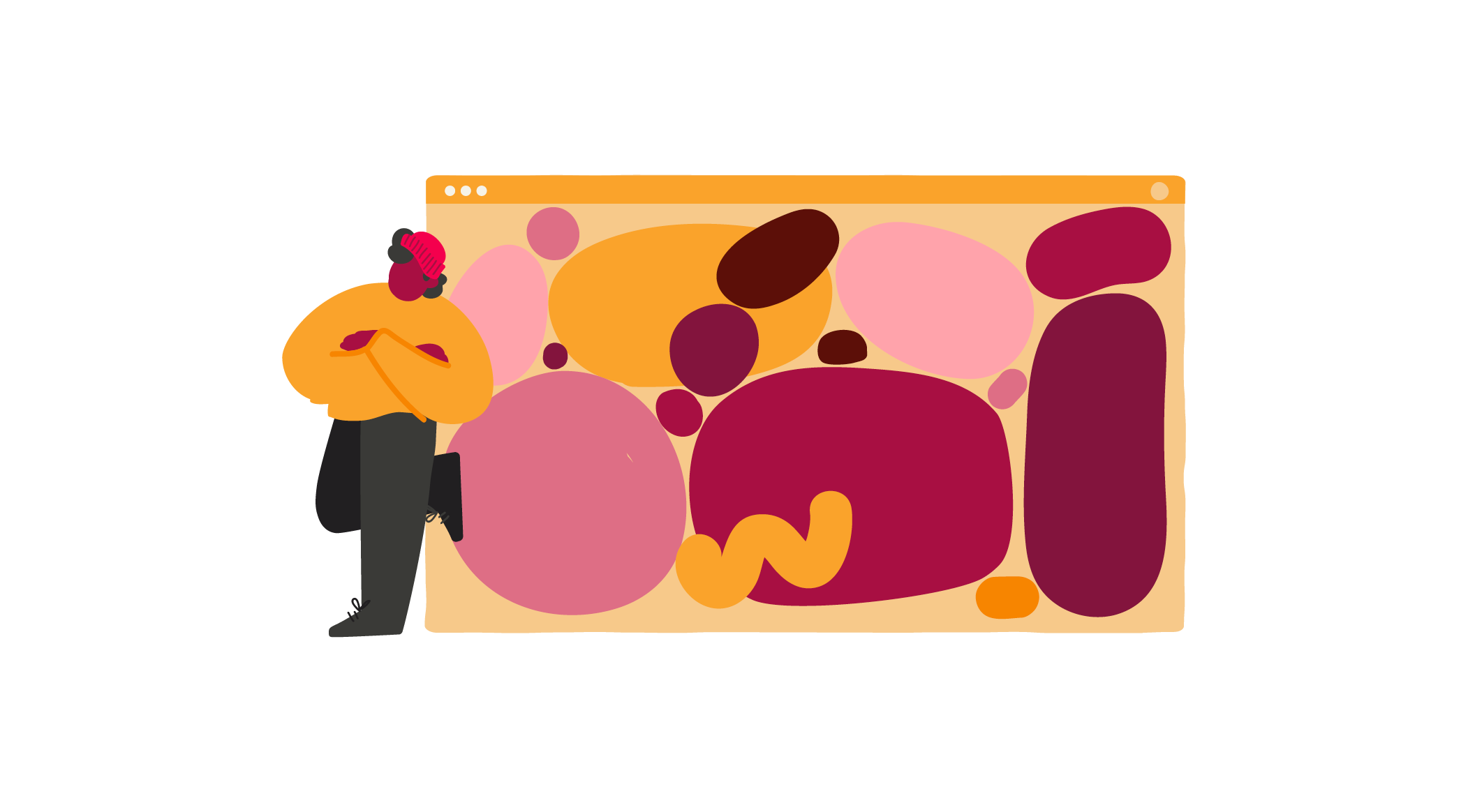 abstract shapes, person leaning against design elements