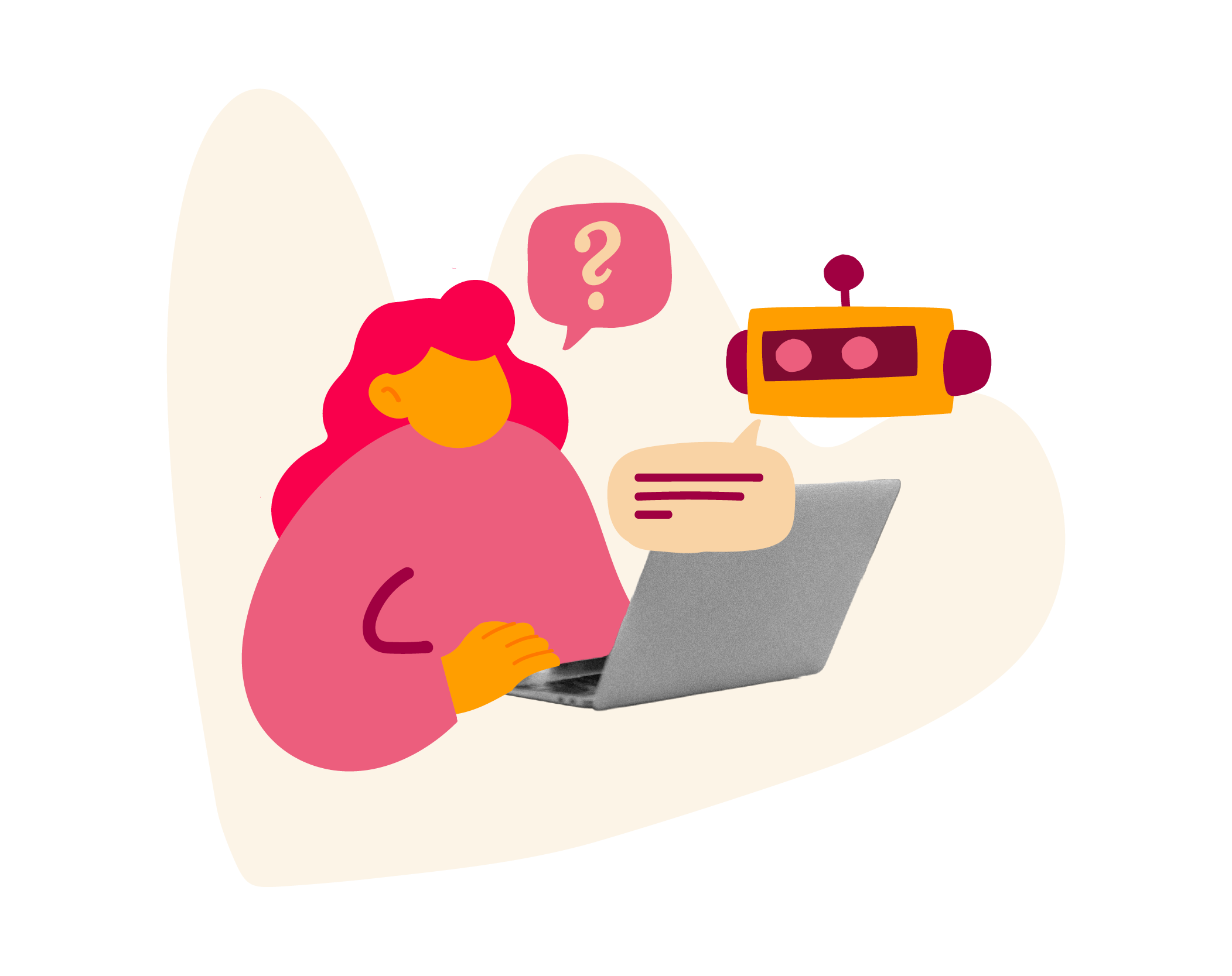 person using a laptop interacting with a chatbot, question mark and speech bubble graphic, vibrant colors, technology, chatbot