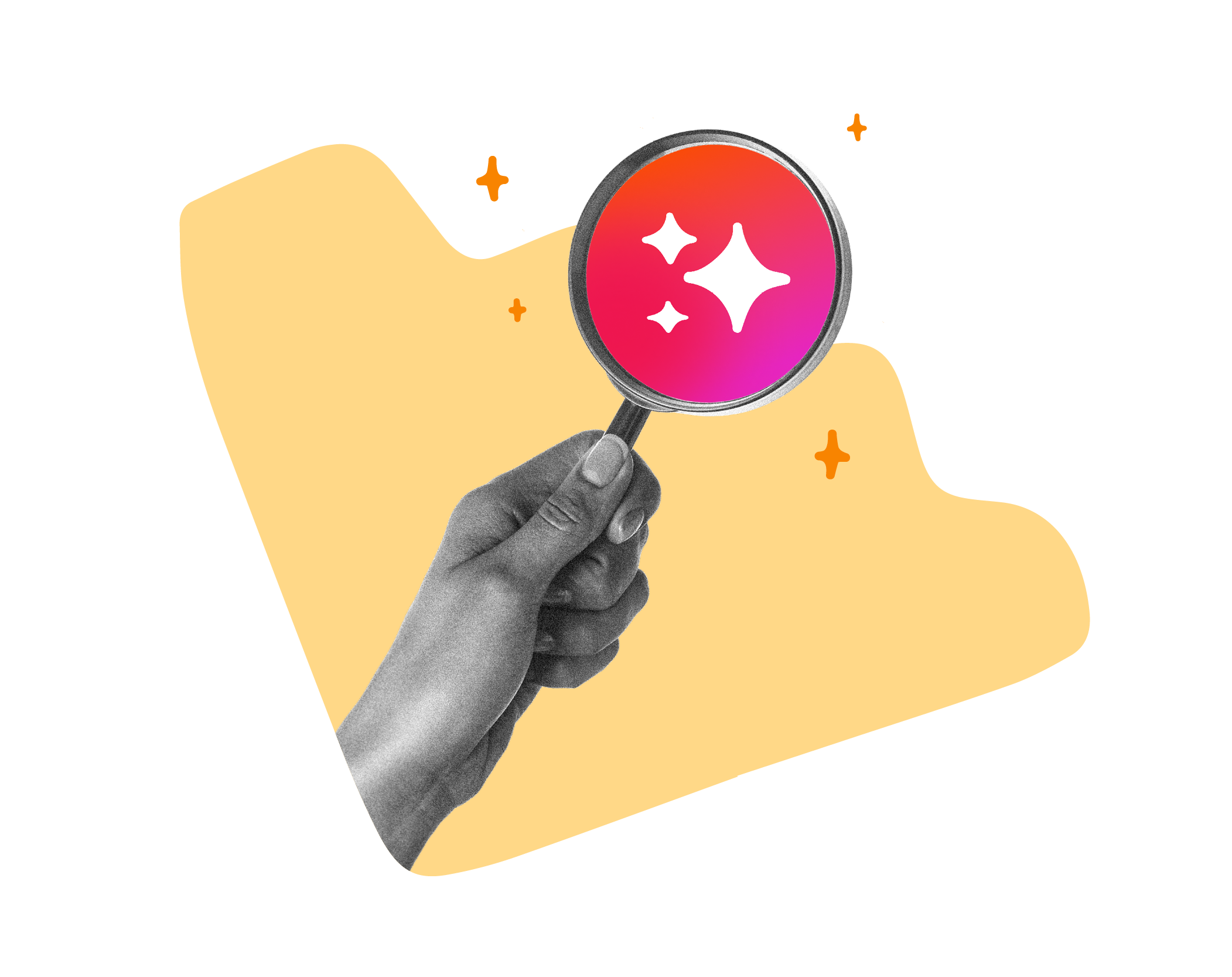 hand holding magnifying glass with colorful sparkles on yellow background, colorful magnifying glass highlighting vibrant details