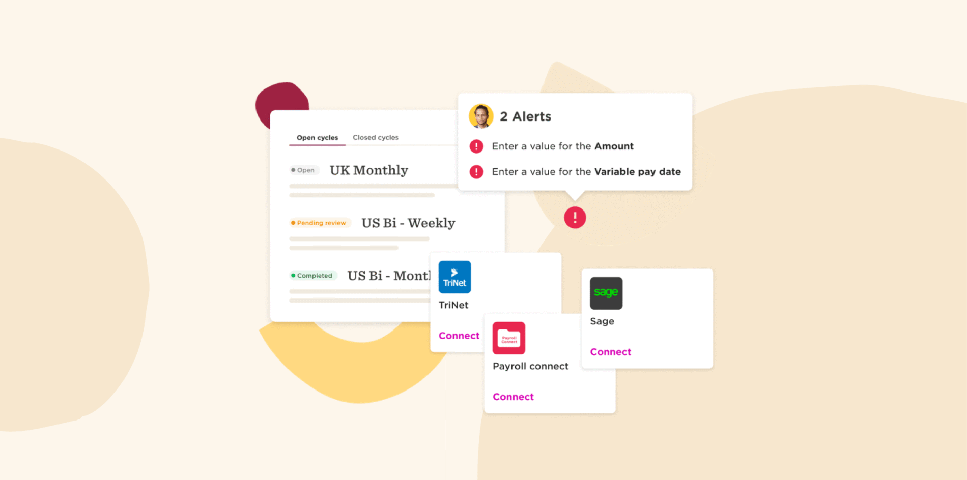 open cycles, payroll connect alerts