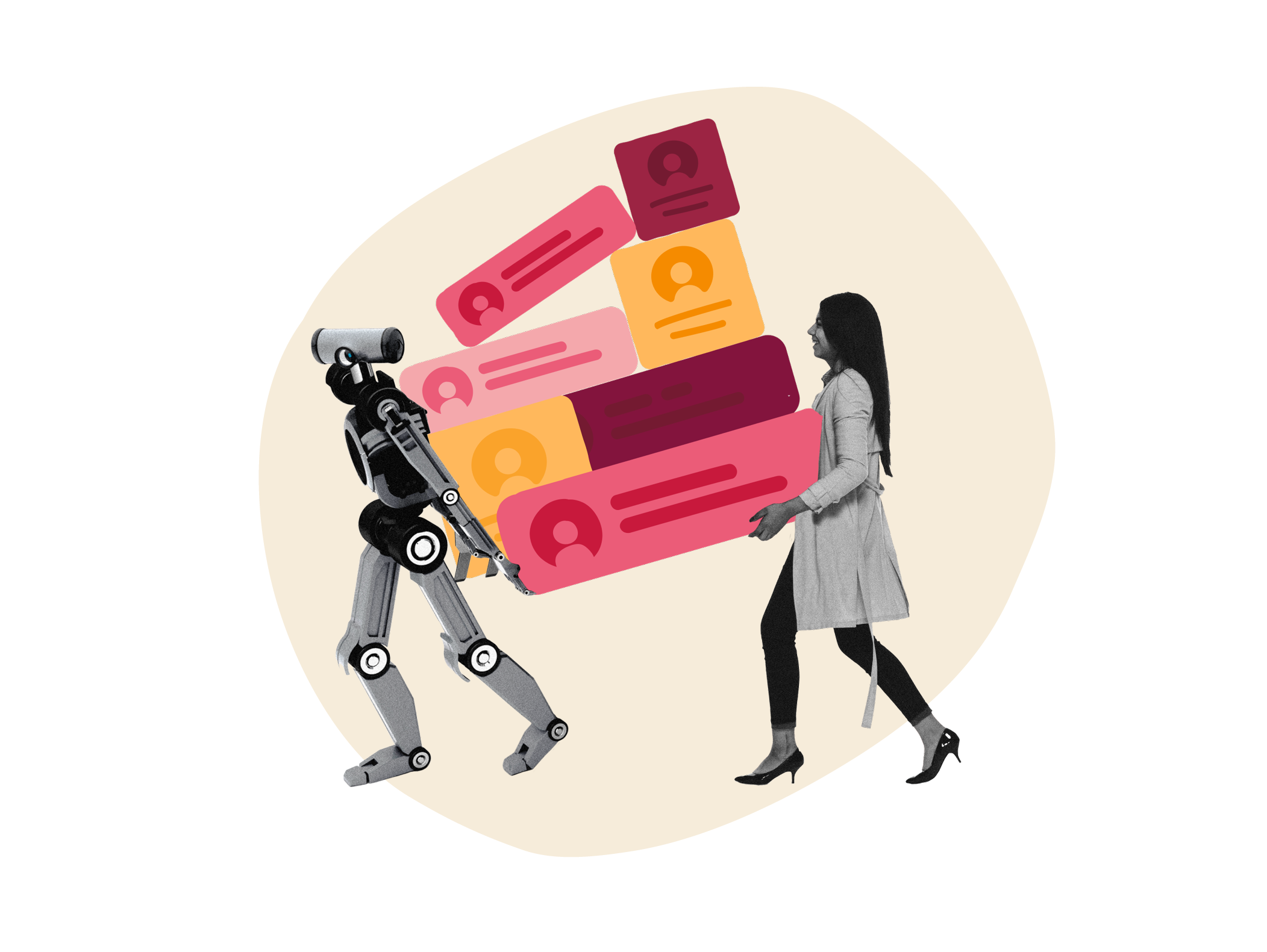 robot carrying digital interface elements, woman walking alongside robot in modern, artistic design