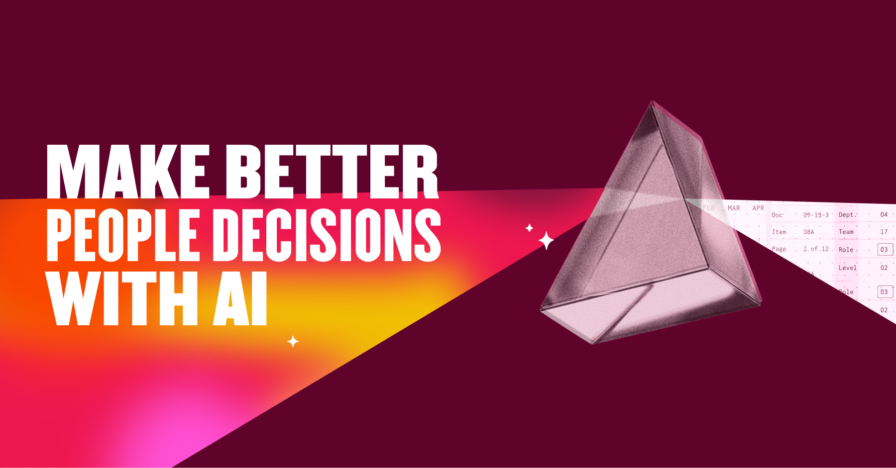 make better people decisions with AI, triangular prism graphic with colorful gradient background and data display elements