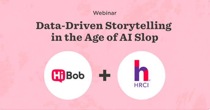 Webinar promoting data-driven storytelling featuring HiBob and HRCI logos on a pink background. HiBob, HRCI