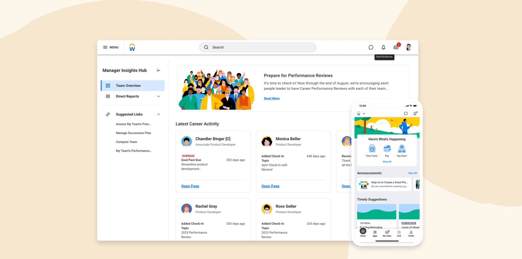 manager insights hub interface with performance review notices, mobile app showcasing team activity and updates
