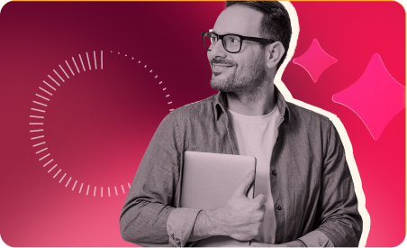 man holding laptop with glasses, pink gradient background with geometric shapes
