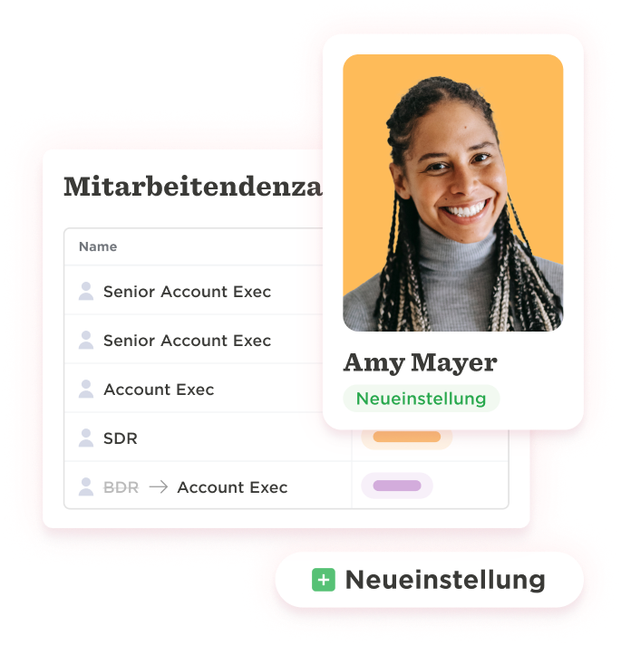 Mitarbeitendenza list with Amy Mayer's profile display, showcasing job positions and a new hire button., profile, newHire