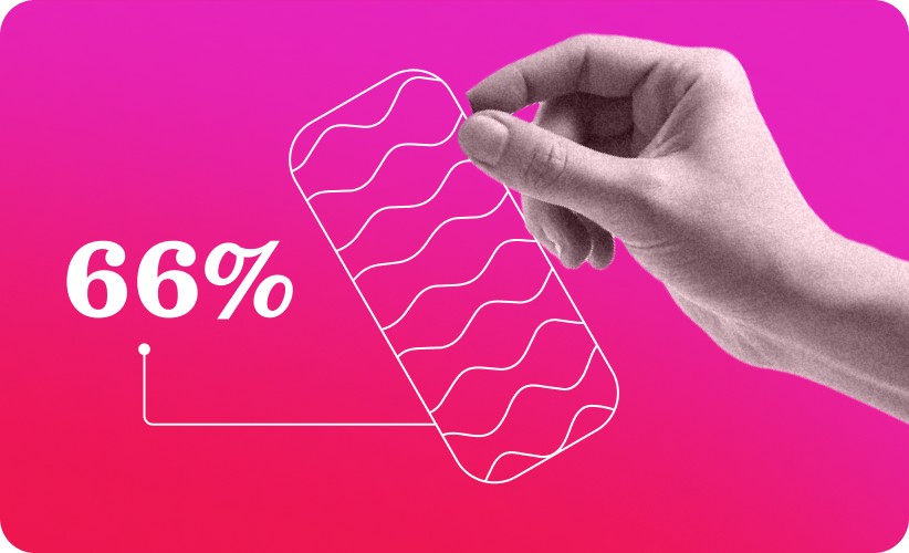 hand holding a wavy pattern object with 66% highlighted against a vibrant pink gradient background, visual representation of data or progress