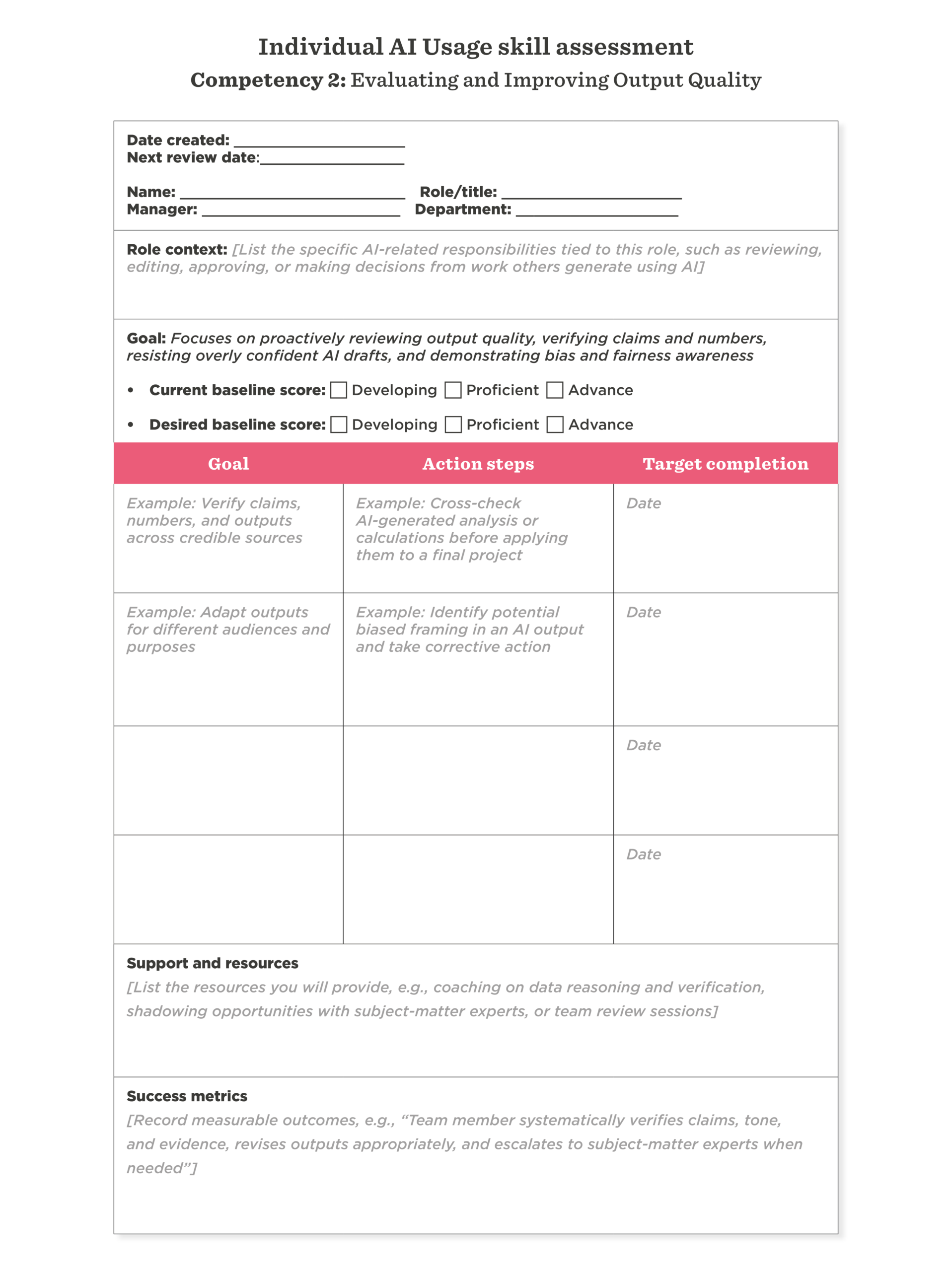 Individual AI usage skill assessment form focusing on output quality evaluation and necessary action steps for improvement. , AI assessment, output quality evaluation