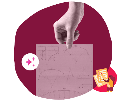 hand holding paper with geometric diagrams, colorful background with icons representing learning and creativity