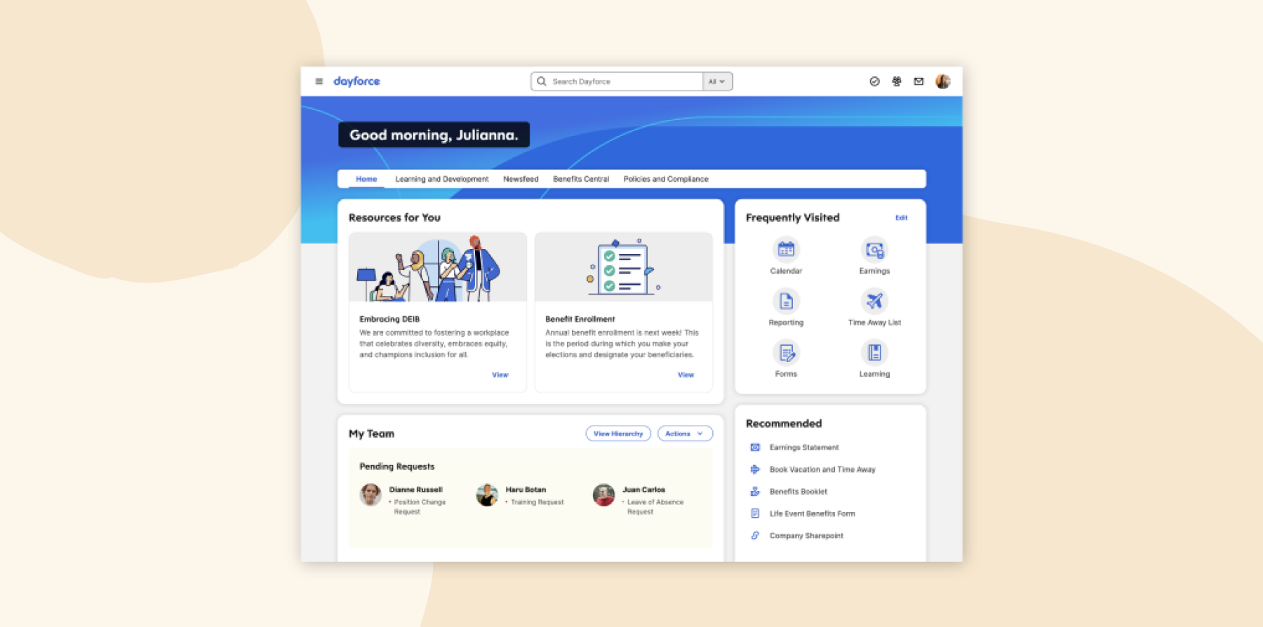 dashboard interface, HR resources and team requests overview