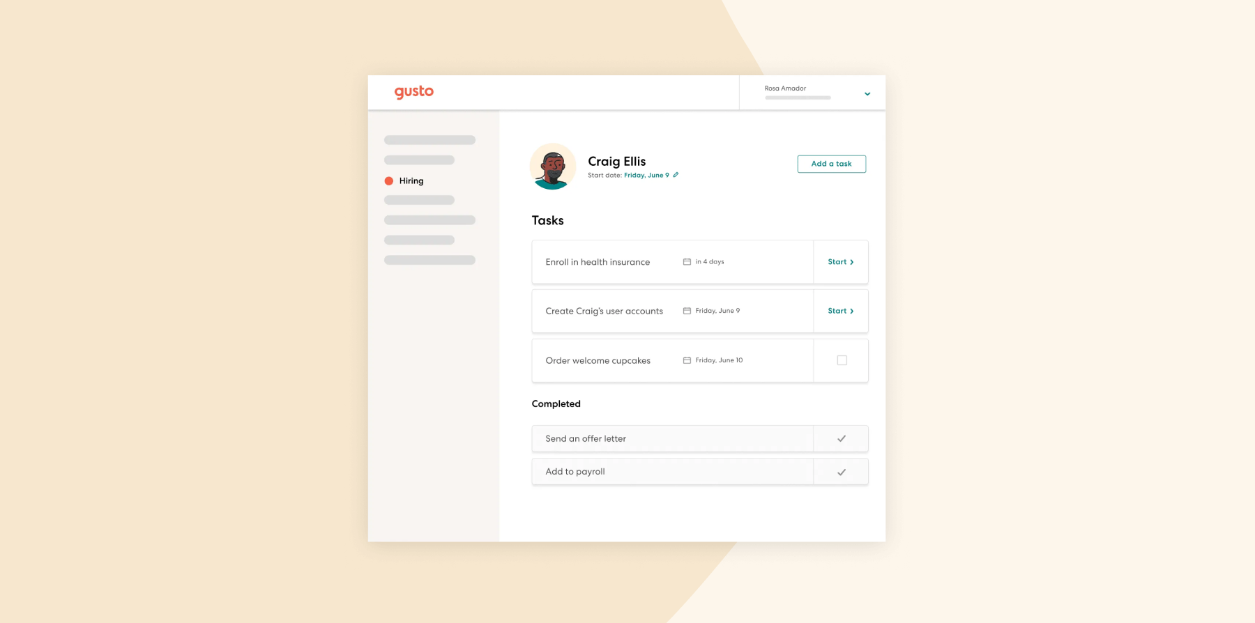 gusto dashboard showing tasks for Craig Ellis, including health insurance and account creation, task management and hiring overview
