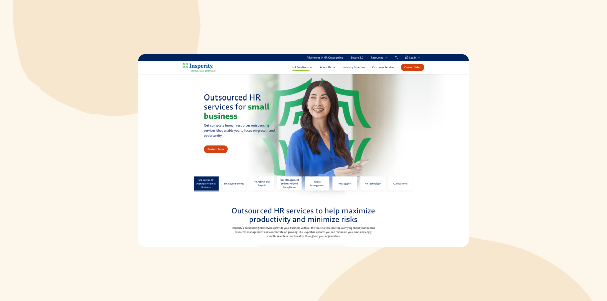 Screenshot of Insperity’s homepage highlighting outsourced HR services for small businesses, featuring a smiling woman and navigation tabs for HR services like payroll, benefits, risk management, and HR technology