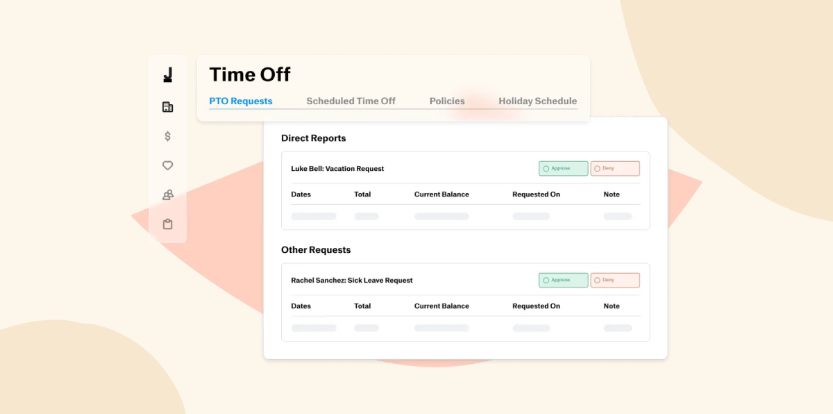 Screenshot of a Time Off management interface showing pending vacation and sick leave requests from employees, with options to approve or deny.