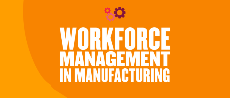 workforce management in manufacturing, orange background with gears and flowers icons