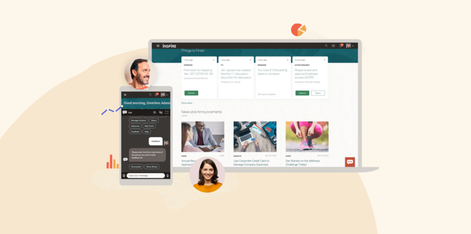 HR platform dashboard displaying onboarding tasks, news, and announcements on a desktop screen, with a mobile view of a digital assistant helping the user navigate tasks.