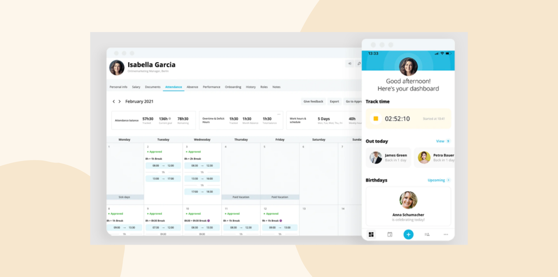 attendance dashboard, user profile summary