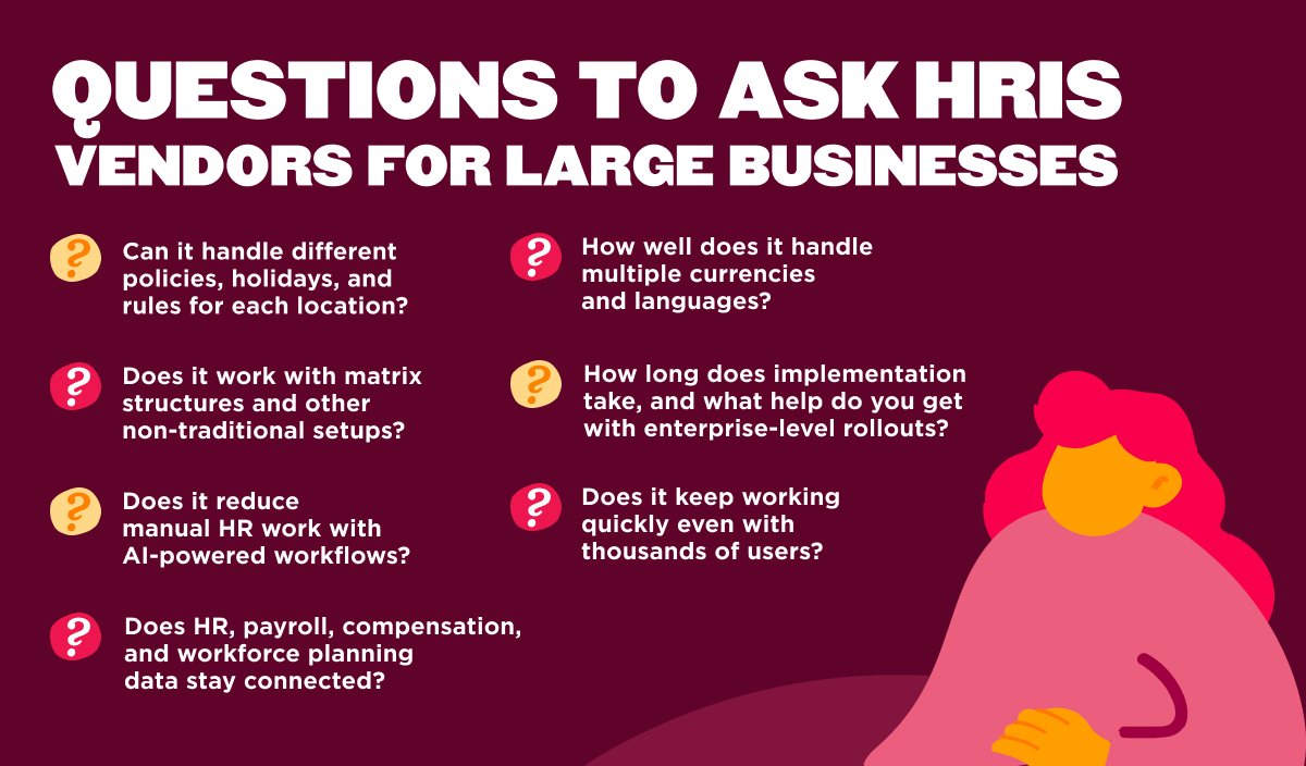 Infographic with the top questions to ask HRIS vendors for large businesses