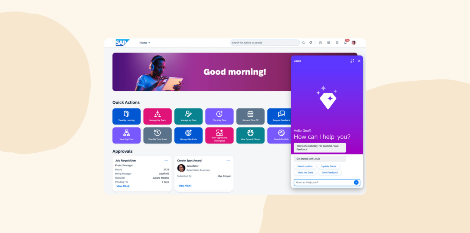 SAP interface showcasing user actions, approvals, and an interactive support feature for enhanced productivity, User-friendly layout with vibrant colors and quick access to tools.