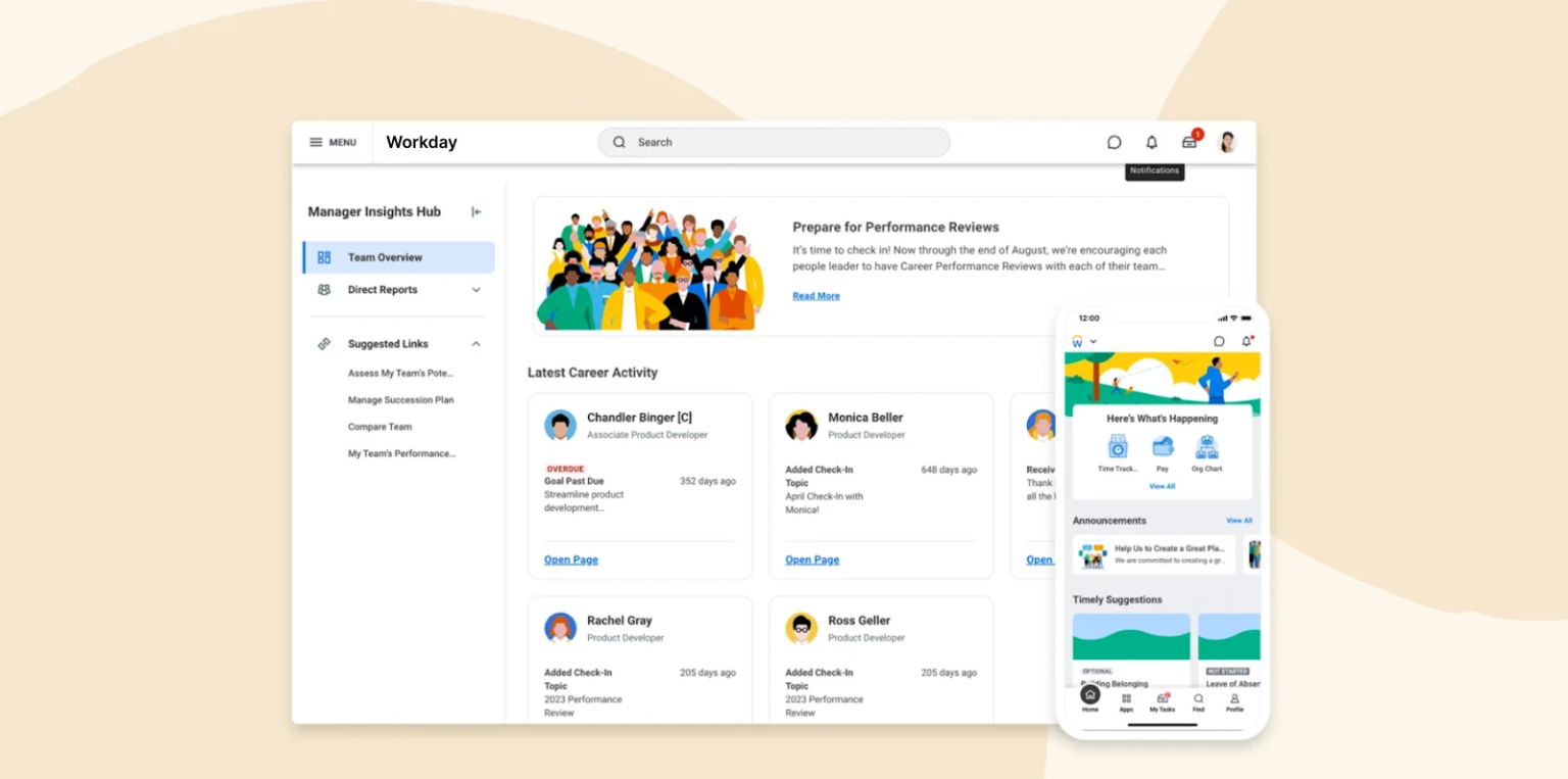 workday dashboard showcasing team insights and performance metrics, mobile app interface displaying notifications and recent activities