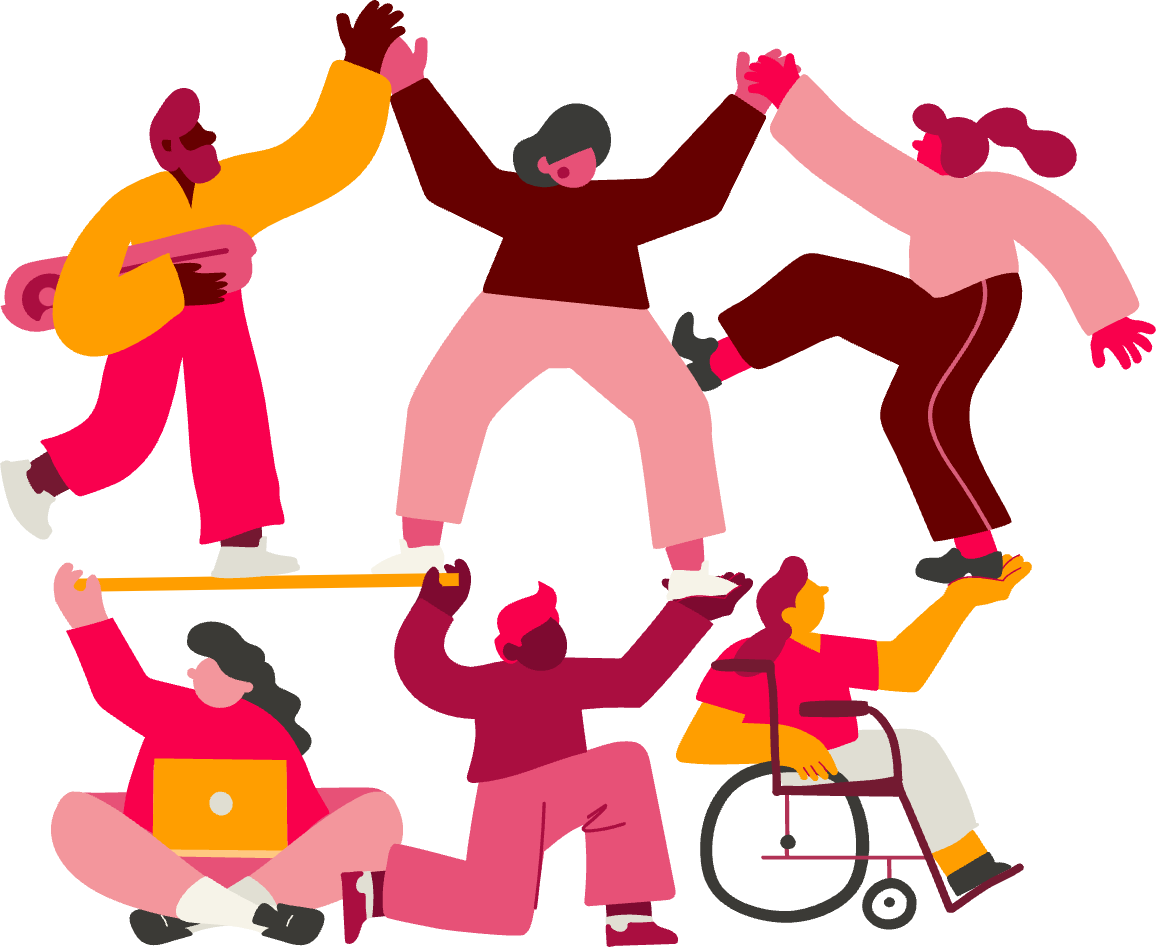 diverse group of people joyfully interacting; includes individuals in various poses, showcasing teamwork and inclusivity, illustration of teamwork and inclusivity with diverse characters in playful poses