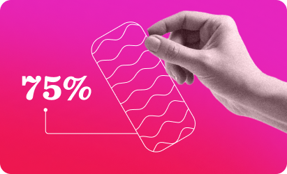 hand holding a stylized card on a pink gradient background displaying 75% text, stylized card with wave pattern illustration