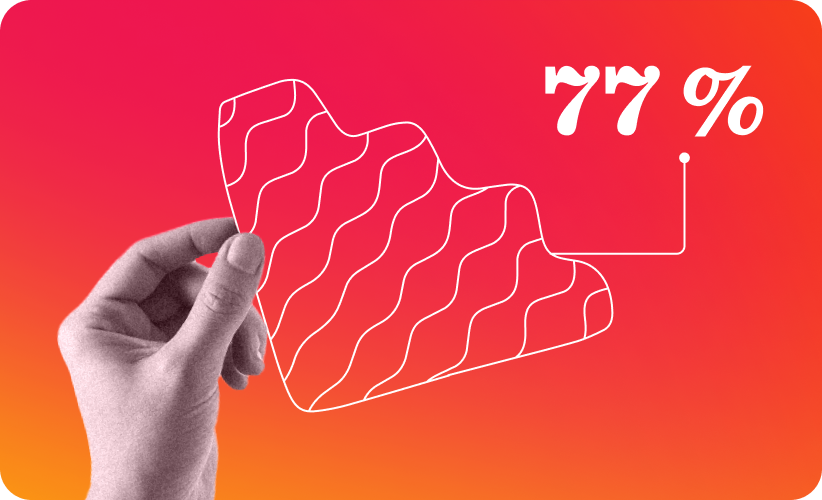 hand holding a graphic representation of a trend with 77% indicator on a vibrant gradient background, trend analysis graphic visualization