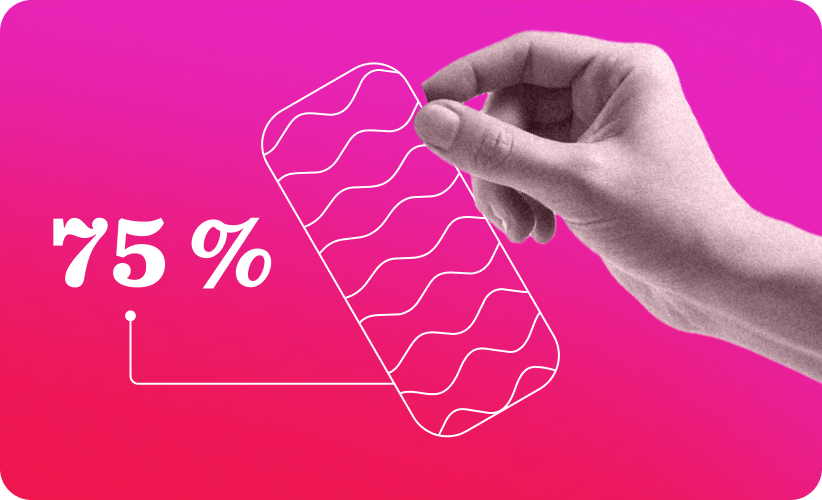 hand holding a graphic phone mockup with 75% indicator on a vibrant pink gradient background, phone design graphic with percentage indicator