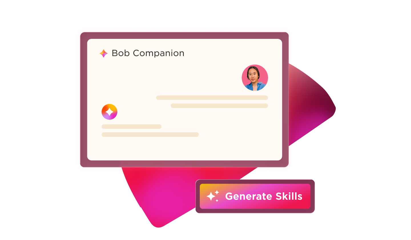 Bob Companion profile card with a photo and a 'Generate Skills' button in colorful design for skill enhancement. , profile_card, skill_generation