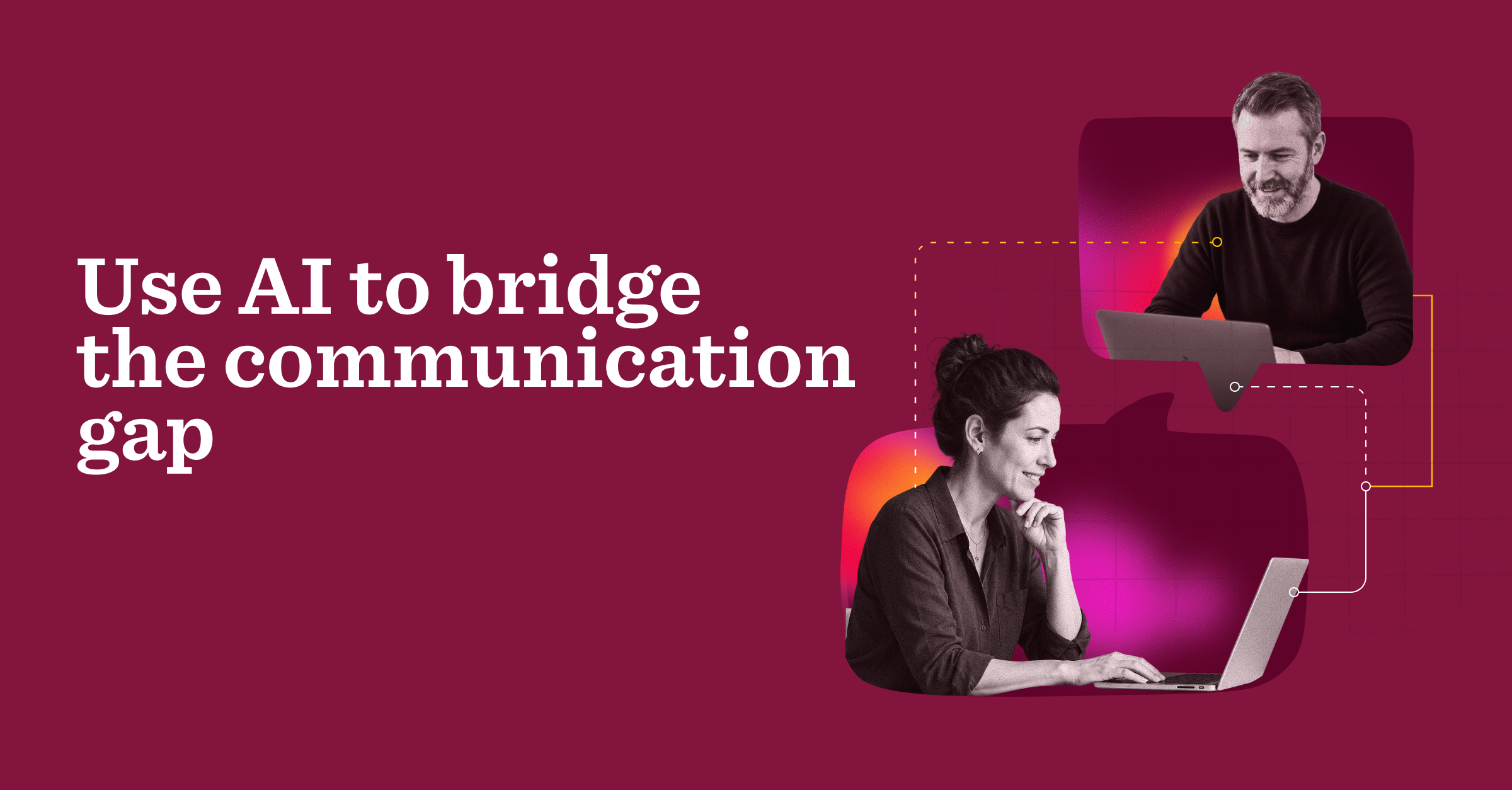 AI-driven communication solutions with two people working on laptops in a vibrant, visually engaging design., AI communication, collaboration technology